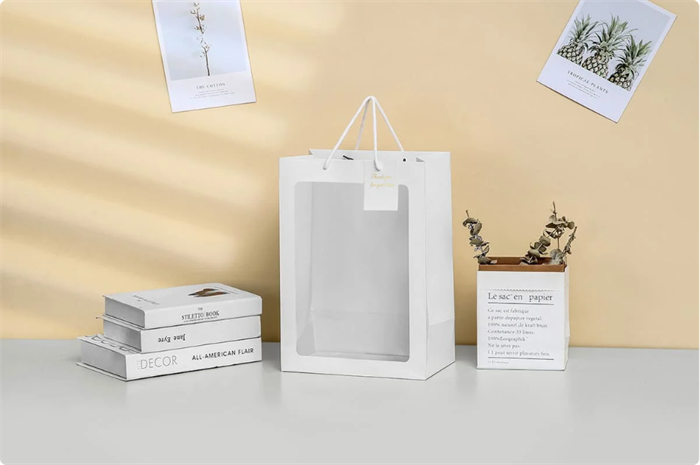 Пакет для цветов крафт плотный с окошком и ручками (25 x 15 x 35см, 10 шт) Белый, плотность 230 гр 16727