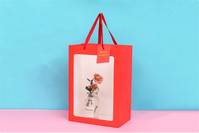 Пакет для цветов крафт плотный с окошком и ручками (25 x 15 x 35см, 10 шт) Красный, плотность 230 гр 18327