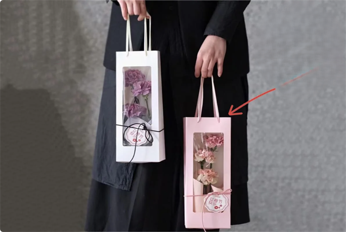 Пакет для цветов крафт плотный узкий с окошком и атласными ручками (13 x 8 x 35см, 10 шт) Розовый 17218