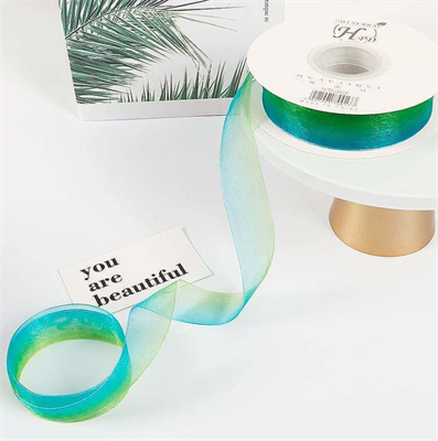 Лента органза с переливом цвета (2,5см х 30ярд) Голубой и Салатовый 19318