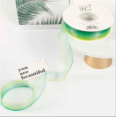 Лента органза с переливом цвета (2,5см х 30ярд) Зелёный и Жёлтый 19317