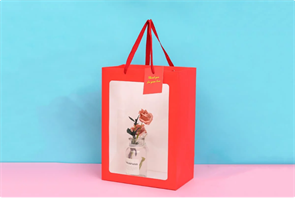 Пакет для цветов крафт плотный с окошком и ручками (25 x 15 x 35см, 10 шт) Красный, плотность 230 гр 18327