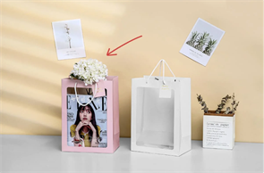 Пакет для цветов крафт плотный с окошком и ручками (25 x 15 x 35см, 10 шт) Розовый, плотность 230 гр 16726